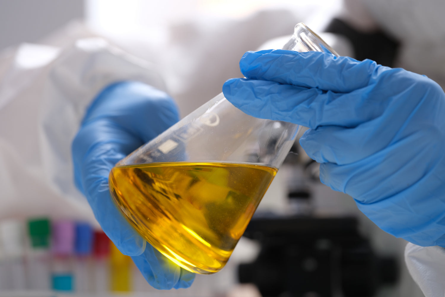 Arvanna THC-Free CBD Oil in a pharmaceutical beaker in our lab