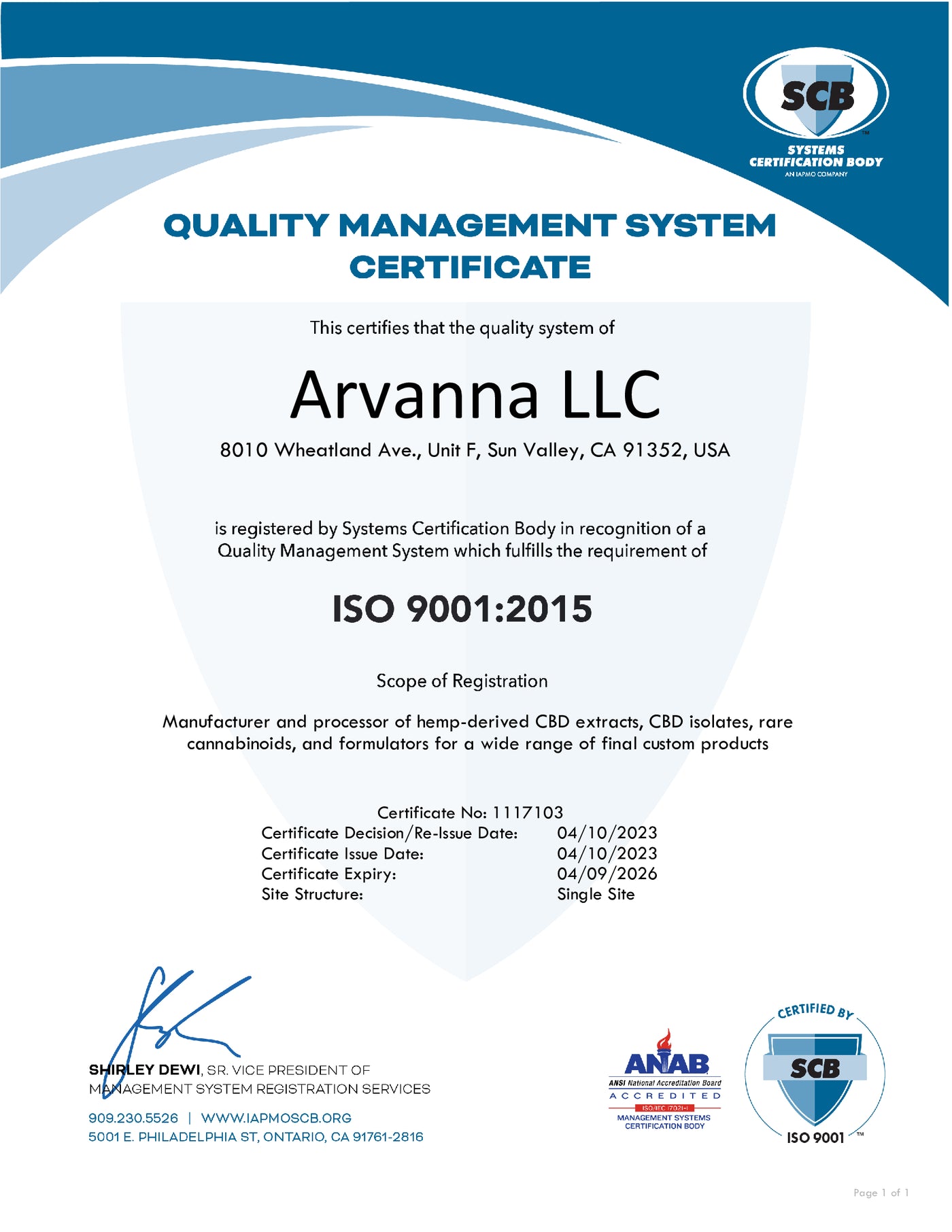 Arvanna ISO 9001 2015 Certification by SCB 